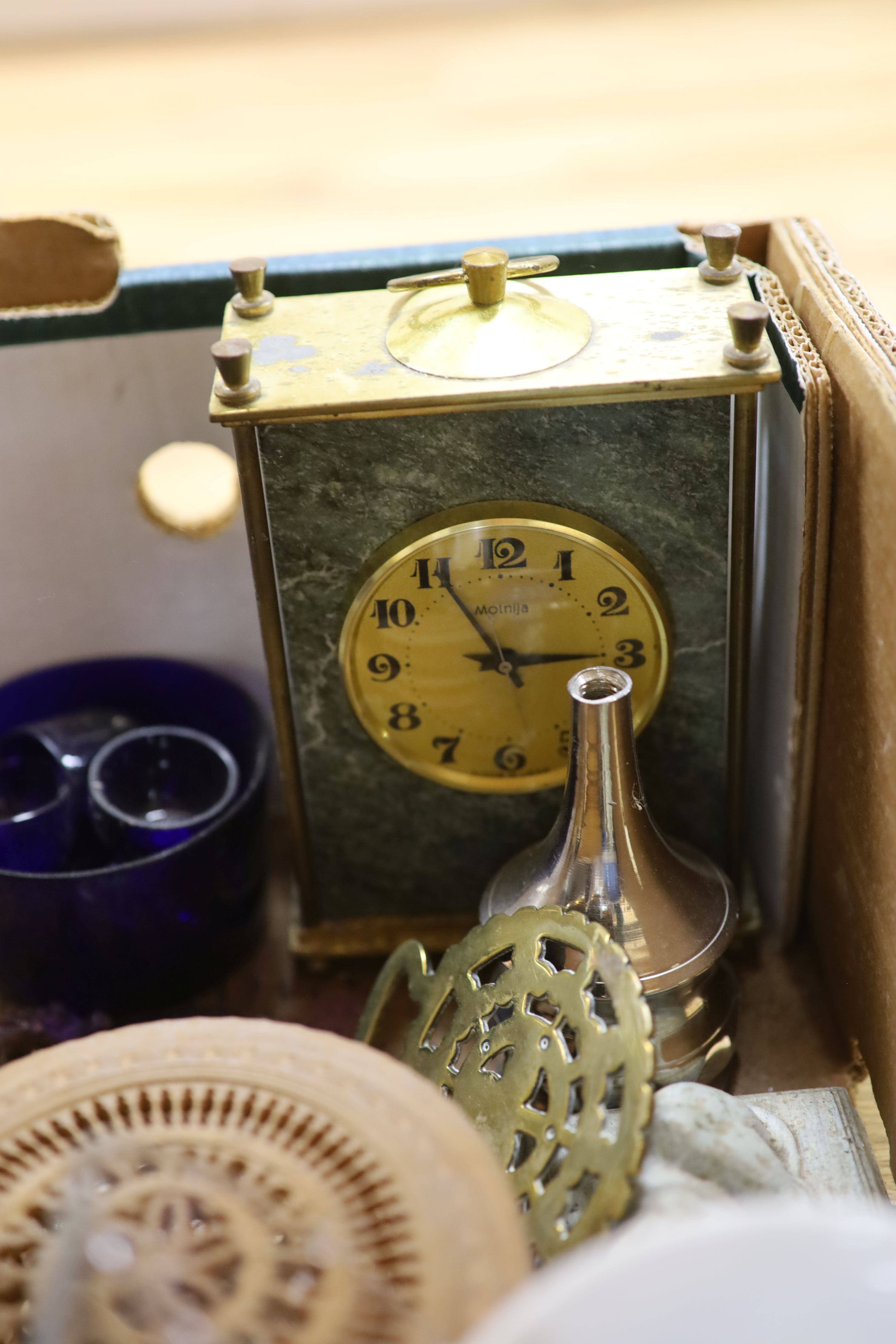 A collection of ceramic and glass etc including a silver glass frame, a stilton cover and stand etc